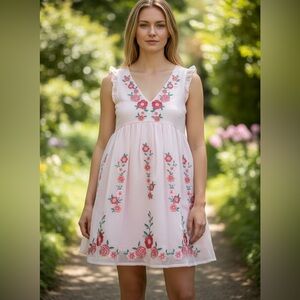 Savanna Jane Pink Floral Embroidered Babydoll Dress Small Boho V-Neck Boutique
